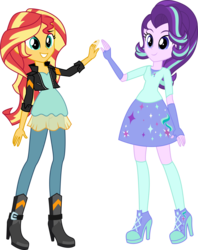 Size: 4567x5758 | Tagged: safe, artist:osipush, starlight glimmer, sunset shimmer, equestria girls, g4, absurd resolution, boots, clothes, commission, cute, equestria girls-ified, fingerless gloves, gloves, happy, high heel boots, high heels, hilarious in hindsight, leather jacket, shoes, skirt, smiling, socks, twilight's counterparts