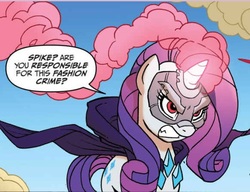 Size: 580x445 | Tagged: safe, artist:tony fleecs, idw, official comic, rarity, pony, unicorn, g4, ponies of dark water, spoiler:comic, spoiler:comic44, angry, cloak, clothes, cropped, doctor doom, doctor doomity, female, horn, infected, mare, mask, red eyes, smoke, smoking horn, solo, speech bubble
