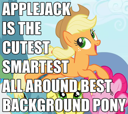 Size: 747x670 | Tagged: safe, applejack, carrot top, golden harvest, pinkie pie, earth pony, pony, g4, my little pony: friendship is magic, the ticket master, applejack's hat, background pony, background pony applejack, cowboy hat, exploitable meme, female, hat, image macro, male, mare, meme, open mouth, open smile, smiling, text