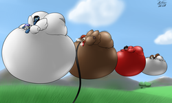 Size: 3231x1933 | Tagged: safe, artist:the-furry-railfan, oc, oc only, oc:chromfill, oc:siggyt, oc:tai, oc:winterlight, pony, belly, bingo wings, floating, group, group picture, helium inflation, hose, huge butt, impossibly large belly, impossibly large butt, impossibly large everything, inflated ears, inflated wings, inflation, large butt, male, panic, puffy cheeks, stallion