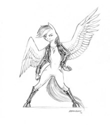 Size: 1200x1367 | Tagged: safe, artist:baron engel, rainbow dash, pony, g4, bipedal, boots, both cutie marks, clothes, female, grayscale, jacket, monochrome, pencil drawing, smirk, solo, spread wings, story in the source, traditional art