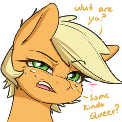 Size: 1200x1200 | Tagged: safe, artist:captainpudgemuffin, applejack, earth pony, pony, g4, alternate hairstyle, bigotjack, dialogue, explicit source, female, freckles, homophobia, mare, open mouth, out of character, pixie cut, reaction image, simple background, slur, solo, white background