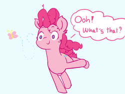 Size: 1024x768 | Tagged: safe, artist:periodicbrony, pinkie pie, butterfly, g4, add, adhd, blue background, cute, dialogue, diapinkes, ear fluff, female, looking at something, no pupils, simple background, solo, speech bubble
