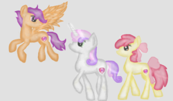 Size: 1024x600 | Tagged: safe, artist:lunabelle2001, apple bloom, scootaloo, sweetie belle, g4, cutie mark, cutie mark crusaders, older, scootaloo can fly, simple background, the cmc's cutie marks