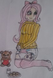 Size: 1239x1812 | Tagged: safe, artist:wolf, fluttershy, human, g4, breasts, clothes, cookie, cute, diaper, diapershy, female, food, humanized, milk, non-baby in diaper, socks, solo, sweater, sweatershy, teddy bear, traditional art