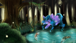 Size: 3840x2160 | Tagged: safe, artist:chocori, oc, oc only, fish, commission, crepuscular rays, forest, high res, pond, smiling, solo