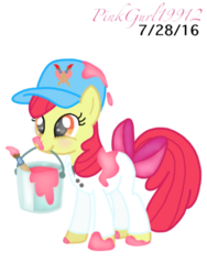 Size: 768x1024 | Tagged: safe, artist:cinnamon-swirls, artist:pinkgurl19912, apple bloom, g4, adorabloom, cap, clothes, cute, female, hat, older, paint, paint on fur, paintbrush, signature, simple background, solo, tail bow, transparent background