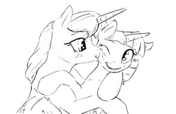 Size: 1280x828 | Tagged: safe, artist:silfoe, princess luna, twilight sparkle, alicorn, pony, other royal book, g4, black and white, cheek kiss, duo, eyes closed, female, grayscale, kissing, lesbian, mare, monochrome, ship:twiluna, shipping, silfoe is trying to murder us, simple background, twilight sparkle (alicorn), white background