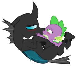 Size: 2765x2392 | Tagged: safe, artist:unbiased philosopher, spike, thorax, changeling, dragon, g4, the times they are a changeling, bedroom eyes, blushing, changeling x dragon, eye contact, floppy ears, gay, high res, interspecies, kiss on the lips, kissing, male, on back, ship:thoraxspike, shipping, simple background, spikeling, that was fast, transparent background, vector trace