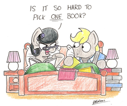 Size: 1880x1573 | Tagged: safe, artist:bobthedalek, oc, oc only, oc:mixed melody, oc:octavia's father, oc:octavia's mother, oc:ostinato melody, earth pony, pony, bed, book, clothes, duo, glasses, hair curlers, pajamas, traditional art