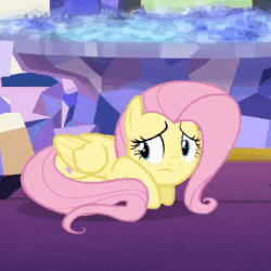 Size: 339x339 | Tagged: safe, screencap, fluttershy, pegasus, pony, castle sweet castle, g4, season 5, animated, blinking, cowering, female, folded wings, scared, solo