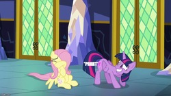 Size: 888x499 | Tagged: safe, edit, edited screencap, screencap, fluttershy, twilight sparkle, alicorn, pony, g4, the hooffields and mccolts, cowering, fart, fart edit, fart noise, twilight sparkle (alicorn)