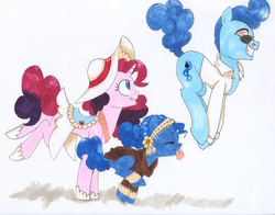 Size: 3228x2528 | Tagged: safe, artist:frozensoulpony, oc, oc only, oc:blueberry sound, oc:lavender essence, oc:sugarplum, clothes, high res, offspring, parent:party favor, parent:pinkie pie, parents:partypie, pronking, tongue out