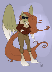 Size: 870x1200 | Tagged: safe, artist:atryl edits, edit, oc, oc only, oc:wild spice, pegasus, anthro, unguligrade anthro, bomber jacket, clothes, ear piercing, jacket, piercing, solo, sunglasses, unshorn fetlocks, wind, wing piercing