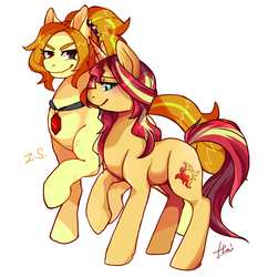 Size: 1024x1060 | Tagged: safe, artist:hisshi shoujo, artist:samonferrari, adagio dazzle, sunset shimmer, earth pony, pony, unicorn, g4, disguise, disguised siren, duo, duo female, earth pony adagio dazzle, equestria girls ponified, female, gem, lesbian, mare, ponified, raised hoof, ship:sunsagio, shipping, signature, simple background, siren gem, white background