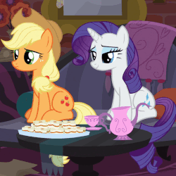 Size: 635x635 | Tagged: safe, screencap, applejack, rarity, earth pony, pony, unicorn, g4, made in manehattan, season 5, animated, applejack's hat, cowboy hat, cup, cute, eating, female, food, gif, glowing horn, hat, horn, jackabetes, magic, mare, mouth hold, nom, open mouth, raritea, sitting, smiling, tea, tea time, teacup, teapot, telekinesis