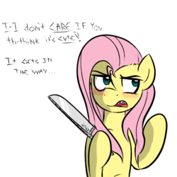Size: 1000x1000 | Tagged: safe, artist:wuzzlefluff, fluttershy, oc, oc:tracy cage, g4, accessory swap, alternate color palette, blushing, dialogue, implied tracy cage, knife, messy mane, simple background, solo, tsundere, white background