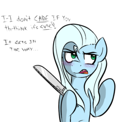Size: 1000x1000 | Tagged: safe, artist:wuzzlefluff, oc, oc only, oc:tracy cage, blushing, dialogue, knife, messy mane, simple background, solo, tsundere, white background