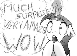 Size: 1280x930 | Tagged: safe, artist:silfoe, twilight sparkle, royal sketchbook, g4, doge, floppy ears, gasp, grayscale, illusion, magic, monochrome, open mouth, sarcasm, shocked, wide eyes