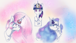 Size: 2000x1125 | Tagged: safe, artist:memorynumber, nightmare moon, princess celestia, princess luna, twilight sparkle, pony, g4, book, donut, drool, food, horn, horn grab, nightmare mlem, pancakes, silly, silly pony, tongue out