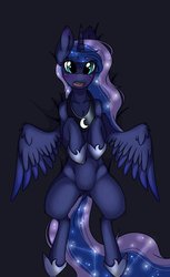 Size: 600x978 | Tagged: safe, artist:drducksauce, princess luna, pony, g4, blushing, body pillow, body pillow design, female, looking at you, on back, open mouth, solo, spread wings