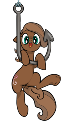 Size: 653x1200 | Tagged: safe, artist:pencils, oc, oc only, oc:bait pony, earth pony, pony, bait, dock, female, fishing hook, hook, looking at you, mare, reaction image, simple background, solo, this is bait, transparent background, underhoof