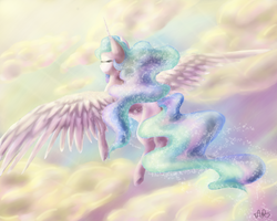 Size: 3750x3000 | Tagged: safe, artist:scarletsfeed, princess celestia, g4, cloud, crepuscular rays, eyes closed, female, flying, high res, solo