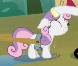 Size: 410x347 | Tagged: safe, screencap, rarity, sweetie belle, pony, g4, sleepless in ponyville, animated, cropped, cute, female, offscreen character, sweat, wet
