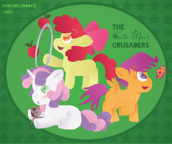 Size: 719x600 | Tagged: safe, artist:caramelcookie, apple bloom, scootaloo, smarty pants, sweetie belle, butterfly, g4, apple, cutie mark crusaders, food, loop-de-hoop, open mouth