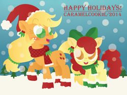 Size: 800x600 | Tagged: safe, artist:caramelcookie, apple bloom, applejack, earth pony, pony, g4, christmas, clothes, ear piercing, earring, female, filly, happy holidays, hat, jewelry, mare, open mouth, piercing, santa hat, scarf, snow, snowfall