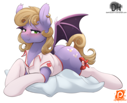 Size: 1638x1328 | Tagged: safe, artist:sugarlesspaints, oc, oc only, oc:nightlight, bat pony, pony, clothes, commission, cyoa:urban survival, nurse, nurse outfit, patreon, patreon logo, pillow, prone, socks, solo, the ass was fat