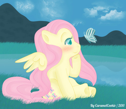 Size: 579x500 | Tagged: safe, artist:caramelcookie, fluttershy, butterfly, g4, daydream, female, sitting, solo