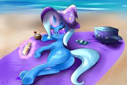 Size: 6000x4000 | Tagged: safe, artist:wilshirewolf, edit, trixie, pony, unicorn, g4, absurd resolution, beach, bedroom eyes, butt, cooler, dock, female, looking back, lying down, magic, mare, phone, plot, smiling, solo, sunglasses, towel, underhoof