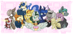 Size: 3231x1531 | Tagged: safe, artist:stargee, princess luna, spitfire, oc, oc:annabelle, oc:caroline, oc:cloudpuff, oc:eschar, oc:pierson, oc:reginald whitmane, oc:syril, oc:willow, g4, birthday, birthday cake, cake, food