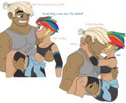 Size: 1120x917 | Tagged: safe, artist:dbkit, dumbbell, rainbow dash, human, g4, blushing, carrying, clothes, dumbdash, duo, female, holding, humanized, kissing, male, midriff, shipping, simple background, sports bra, sports shorts, straight, tank top, transparent background