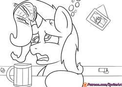 Size: 1400x1000 | Tagged: safe, artist:spritepony, trixie, pony, unicorn, g4, alcohol, beer, beer stein, drunk bubbles, female, hangover, mare, my little art challenge, picture, picture frame, sock, solo