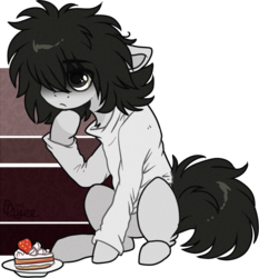 Size: 1057x1134 | Tagged: safe, artist:tay-niko-yanuciq, pony, cake, crossover, death note, food, l lawliet, ponified, simple background, solo, transparent background