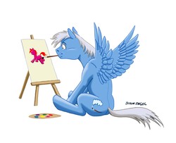 Size: 2390x1940 | Tagged: safe, artist:baron engel, oc, oc only, oc:sky brush, pegasus, pony, easel, paintbrush, painting, palette, sitting, solo