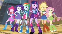 Size: 500x279 | Tagged: safe, screencap, applejack, fluttershy, pinkie pie, rainbow dash, rarity, twilight sparkle, equestria girls, g4, my little pony equestria girls: rainbow rocks, animated, background human, balloon, boots, cowboy boots, female, high heel boots, jewelry, mane six, pose as a team 'cause shit just got real