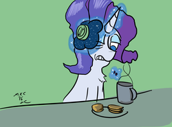 Size: 1280x948 | Tagged: safe, artist:mxcoriginal, rarity, g4, female, food, glowing horn, hangover, horn, magic, my little art challenge, solo, tea, telekinesis