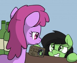 Size: 1280x1054 | Tagged: safe, artist:skitter, berry punch, berryshine, oc, oc:anon, oc:filly anon, earth pony, pony, g4, alcohol, annoyed, duo, fake id, female, frown, grin, id card, looking at each other, mare, nervous, seems legit, smiling, squee, this will end in tears, unamused, undergrads, unimpressed