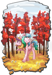Size: 1024x1471 | Tagged: safe, artist:kyaokay, oc, oc only, oc:double mind, oc:power plant, alicorn, pony, autumn, chernobyl, conjoined, multiple heads, red, red forest, smiling, tree, two heads, walking