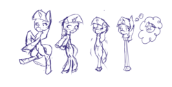 Size: 3319x1685 | Tagged: artist needed, safe, twilight sparkle, pony, unicorn, g4, bipedal, blushing, female, inanimate tf, mare, monochrome, scepter, sequence, sketch, transformation, twilight scepter, twitem