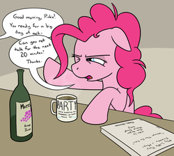 Size: 1367x1227 | Tagged: safe, artist:rapidstrike, pinkie pie, earth pony, pony, g4, animated actors, behind the scenes, bottle, coffee, coffee mug, dialogue, drunk, female, grape juice, hangover, morning ponies, offscreen character, one eye closed, open mouth, script, solo, speech bubble