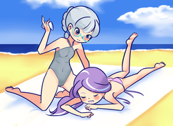 Size: 1500x1100 | Tagged: safe, artist:drantyno, diamond tiara, silver spoon, human, g4, ass, beach, bikini, blushing, braid, breasts, butt, clothes, cloud, eyes closed, glasses, grey hair, humanized, light skin, long hair, multicolored hair, one-piece swimsuit, open mouth, outdoors, partially undressed, prone, purple hair, sunbathing, swimsuit, towel, white hair