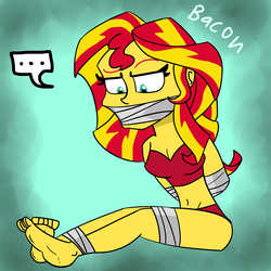 Size: 2952x2952 | Tagged: safe, artist:gagpal3, sunset shimmer, human, equestria girls, g4, ..., bacon hair, barefoot, bondage, bra, breasts, busty sunset shimmer, cleavage, clothes, feet, female, gag, high res, panties, red underwear, solo, tape, tape gag, underwear