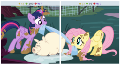 Size: 525x282 | Tagged: safe, screencap, fluttershy, twilight sparkle, alicorn, pig, pony, derpibooru, castle sweet castle, g4, juxtaposition, meta, mud, muddy, twilight sparkle (alicorn)