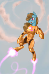 Size: 1728x2592 | Tagged: safe, artist:tzelly-el, beauty brass, earth pony, pony, g4, armor, brassmare, female, flying, iron man, iron mare, parody, powered exoskeleton, solo