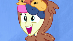 Size: 1280x720 | Tagged: safe, screencap, bon bon, sweetie drops, all's fair in love & friendship games, equestria girls, g4, abstract background, animal costume, bird costume, bon owl, clothes, costume, female, open mouth, owl costume, solo