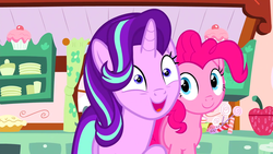 Size: 1280x720 | Tagged: safe, screencap, pinkie pie, starlight glimmer, pony, g4, no second prances, duo, open mouth, smiling, sugarcube corner
